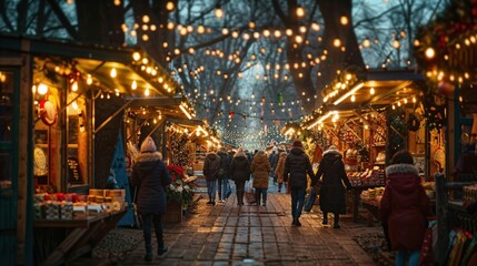 a group of people walking through a market