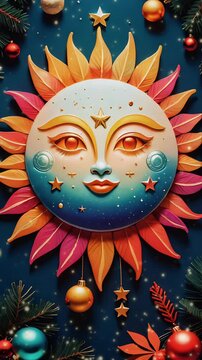 Whimsical sun and moon face illustration with vibrant colors and celestial elements, featuring stars and a dreamy expression, blending day and night themes.