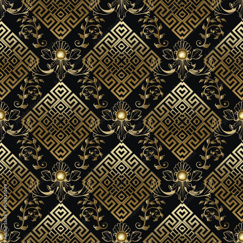 Wall mural Luxury 3d Floral vintage seamless pattern with gold ancient style rhombus, golden Baroque flowers, gold 3d buttons, greek key meander. Beautiful ornaments on black background. Vector endless texture.