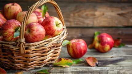 Apples in rustic basket on weathered wooden backdrop with space for text Close up