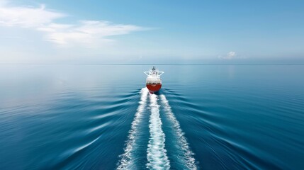A large red ship is sailing through the ocean