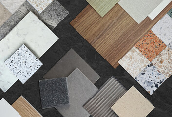 set of interior material sample in top view contains terrazzo stones, tiles, wooden laminated,...