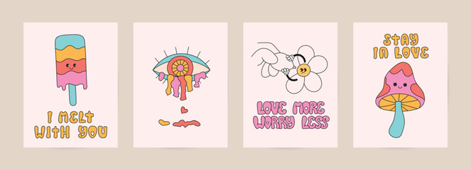 Valentines day cartoon retro groovy card, poster. Hippie 90s daisy, heart, ice cream, mushroom, characters, square psychedelic vector template