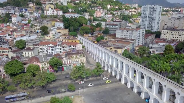 Aerial view of the Lapa Arches in Rio de Janeiro, Brazil, with surrounding urban area.