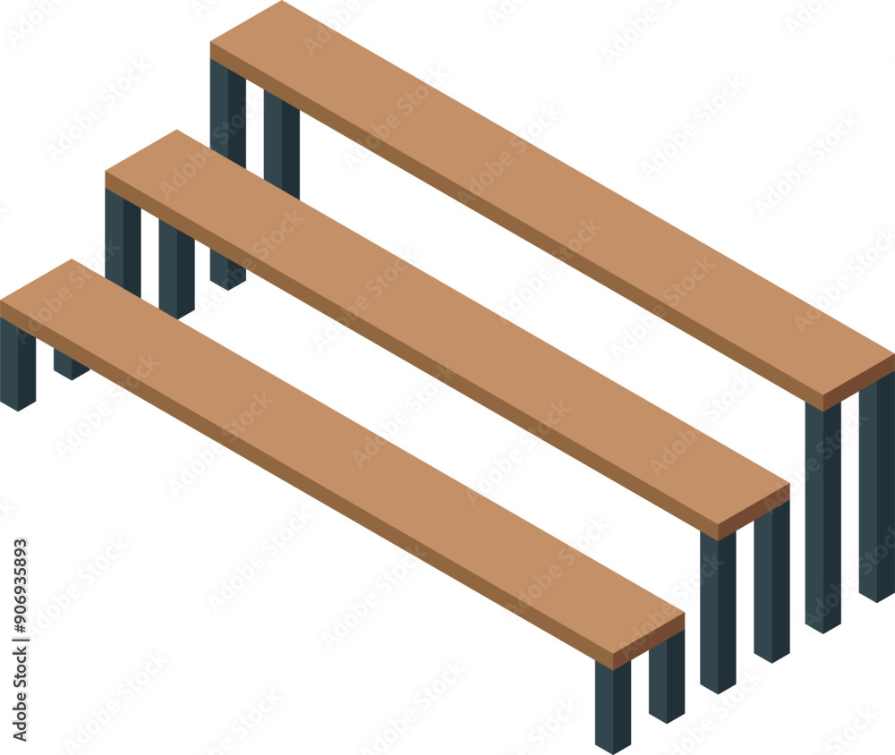 Poster minimalist image of three empty wooden benches standing in line, perfect for any design requiring a 