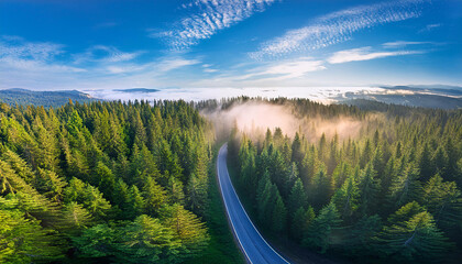 Winding road through dense pine forest, morning mist creating a mystical atmosphere; aerial shot from the drone, top view