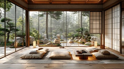 Fototapeta premium A room in a minimalist Japanese house with a tea ceremony table, wide open windows and shoji screens.