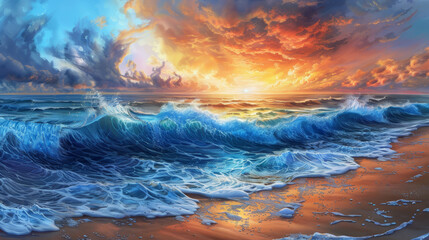 Obraz premium Sunset Beach with Soft Sand and Crashing Waves