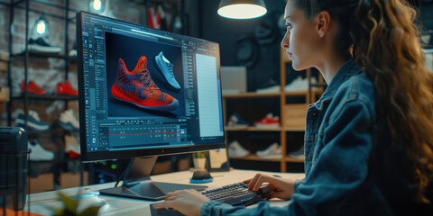 A stylish person on a computer designing trainers online and choosing the look and colours