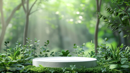 White Circular Platform Surrounded by Greenery in a Forest Setting