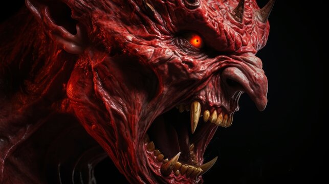 Malevolent devil on black background, evil deity in hell with copy space, azazel, belzebuth