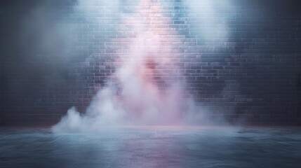A brick wall with a large cloud of smoke in front of it