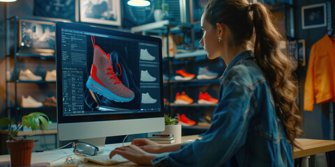 A stylish person on a computer designing trainers online and choosing the look and colours