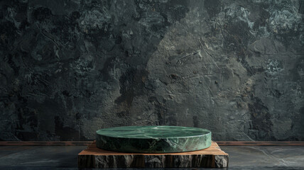 Fototapeta premium Green Marble Pedestal on Wooden Base Against Concrete Wall