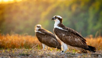 Obraz premium Side view of predatory ospreys sitting on ground in wild nature in daylight