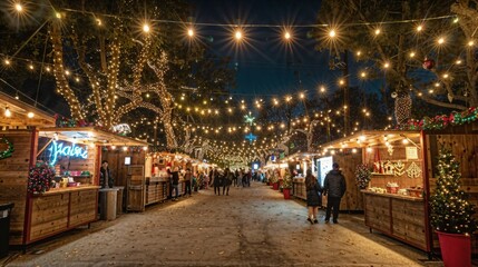 a group of people walking down a street covered in christmas lights