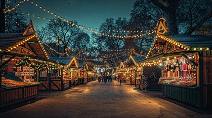 Obraz premium a christmas market is lit up at night