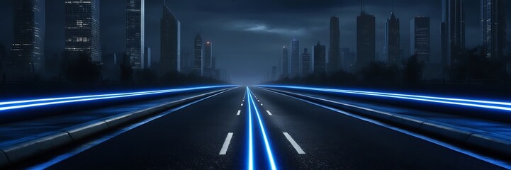 Fototapeta premium Black road and empty dark street scene background. Empty dark scene, neon light, spotlights