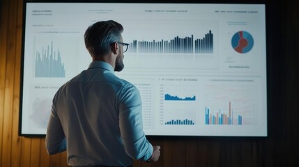 Financial planner presenting a portfolio on a large screen, strategic planning