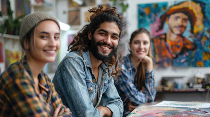 Fototapeta premium Three young artists smiling in a vibrant studio with artwork in the background, showcasing creativity and teamwork.