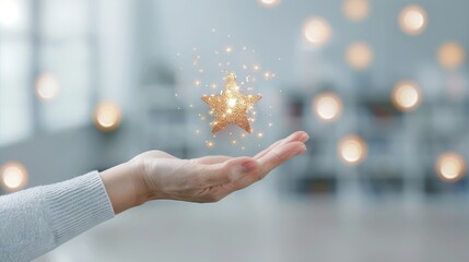 A hand holding a star with a sparkle effect