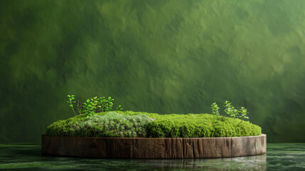 Wooden Circular Planter with Moss and Green Plants against a Green Background