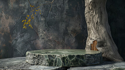 Stone Platform With Tree Branch And Trunk Against Gray Wall