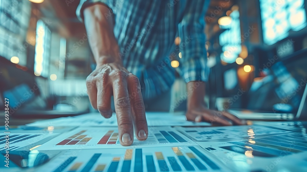 Poster business leader conducting in depth market analysis using advanced data visualization tools in moder