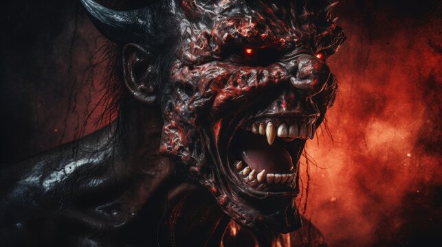 Sinister devil profile on black background with text space, showcasing azazel, belzebuth, adramelech