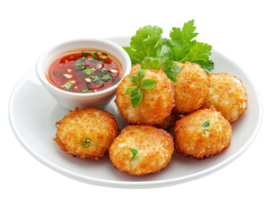 A plate of fried food with a dipping sauce and a lemon wedge. The food is small and crispy, and the sauce is a rich brown color. The lemon wedge adds a pop of color and freshness to the dish
