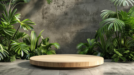 Wooden Platform Surrounded by Lush Greenery Against a Concrete Wall