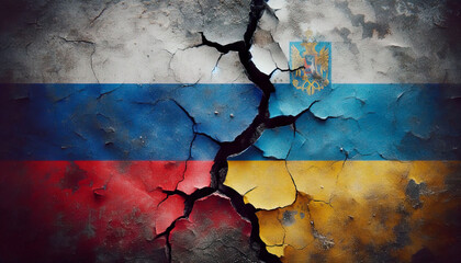 Flags of russia and ukraine on cracked surface. The juxtaposed flags of Russia and Ukraine appear on a worn and cracked surface, symbolizing geopolitical tensions