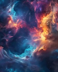 Cosmic Inferno: A nebula of vibrant red, orange, and blue hues swirls across the cosmos, evoking the fiery birth of stars.
