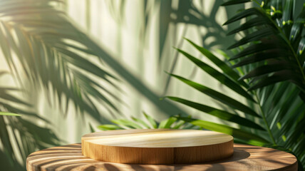 Wooden Platform with Tropical Leaf Shadows