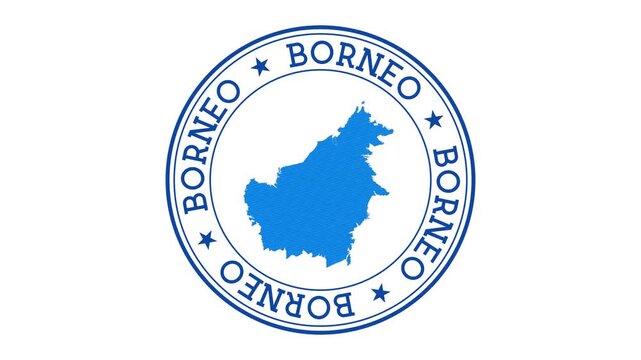 Borneo intro. Badge with the circular name and map of island. Borneo round logo animation.