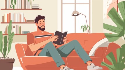 Happy student relaxing at home, sitting comfortably and reading a book