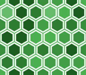 Hexagon geometric shapes background. Simple hexagon pattern with inner solid cells. Green color tones. Large hexagon shapes. Seamless pattern. Tileable vector illustration.