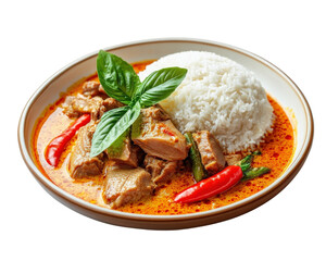 A plate of food with rice and meat. The meat is covered in sauce and there are green beans on top