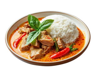 A plate of food with rice and meat. The meat is covered in sauce and there are green beans on top