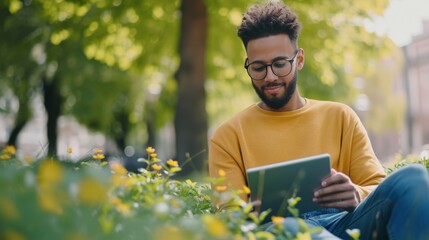Millennial man using a tablet while sitting outdoors, possibly in a park or urban setting