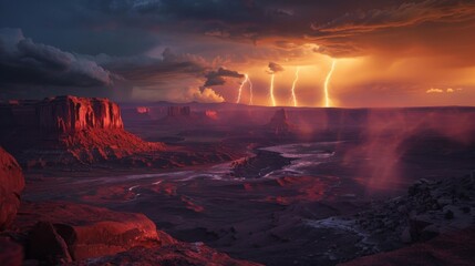 Fototapeta premium A powerful thunderstorm looms over Monument Valley, illuminating the sky with vivid lightning as dusk settles in.