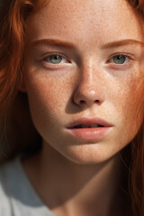 Fototapeta premium Close-up portrait of attractive young red-haired woman with freckles hard light