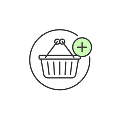Shopping basket icon. Symbol of online shopping feature. Illustration of shopping basket with green add symbol on the top right. Graphic resource for direction to add product into your shopping cart.