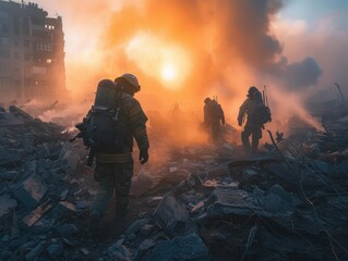 Firefighters walk through rubble and smoke. AI.
