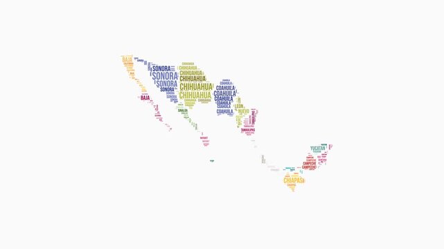 Mexico regions word cloud animation. Country logo animated video. Mexico colored text cloud. Regions typography style motion graphics. Modern video.