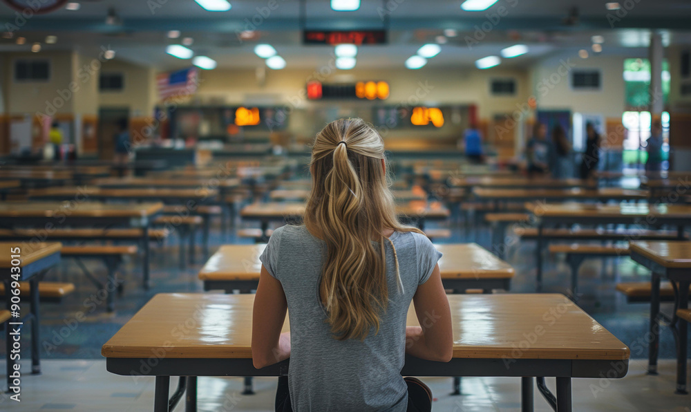 Poster a lone figure sits at a table in a large empty room. ai.