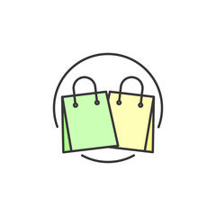 Shopping bag icon. Illustration of two shopping bag in soft green and soft yellow color in circle. Symbol of place to shop or store arcade or market where you can buy things for your daily needs.