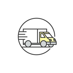 Deliver truck icon. Illustration of a yellow truck in motion effect in circle. The picture describing a logistic process by vehicle consists of packages ready to be delivered to customers.