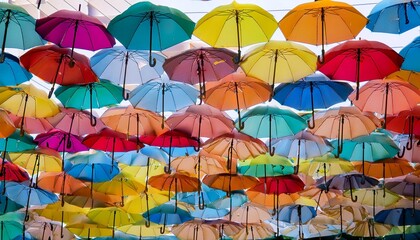 Obraz premium Colorful umbrellas arranged in a vibrant pattern, creating a cheerful and optimistic mood.