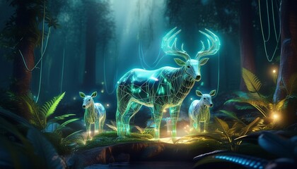 Fototapeta premium A tech-savvy wildlife scene where animals are integrated with subtle electric elements, harmonizing with their natural environment.